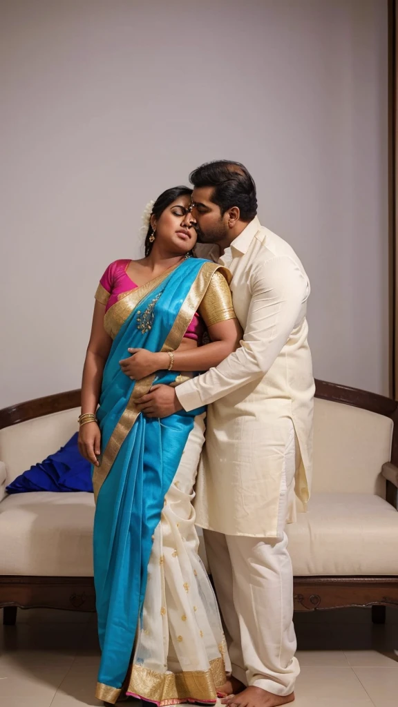 a 50-year-old shirtless man affectionately hugging and kissing aradiant, full-figured South Indian plus-sized 30 year old teacher wearing a cream silky saree in dressing room, captured in a full-body image with vibrant hues and meticulous details. Full body image