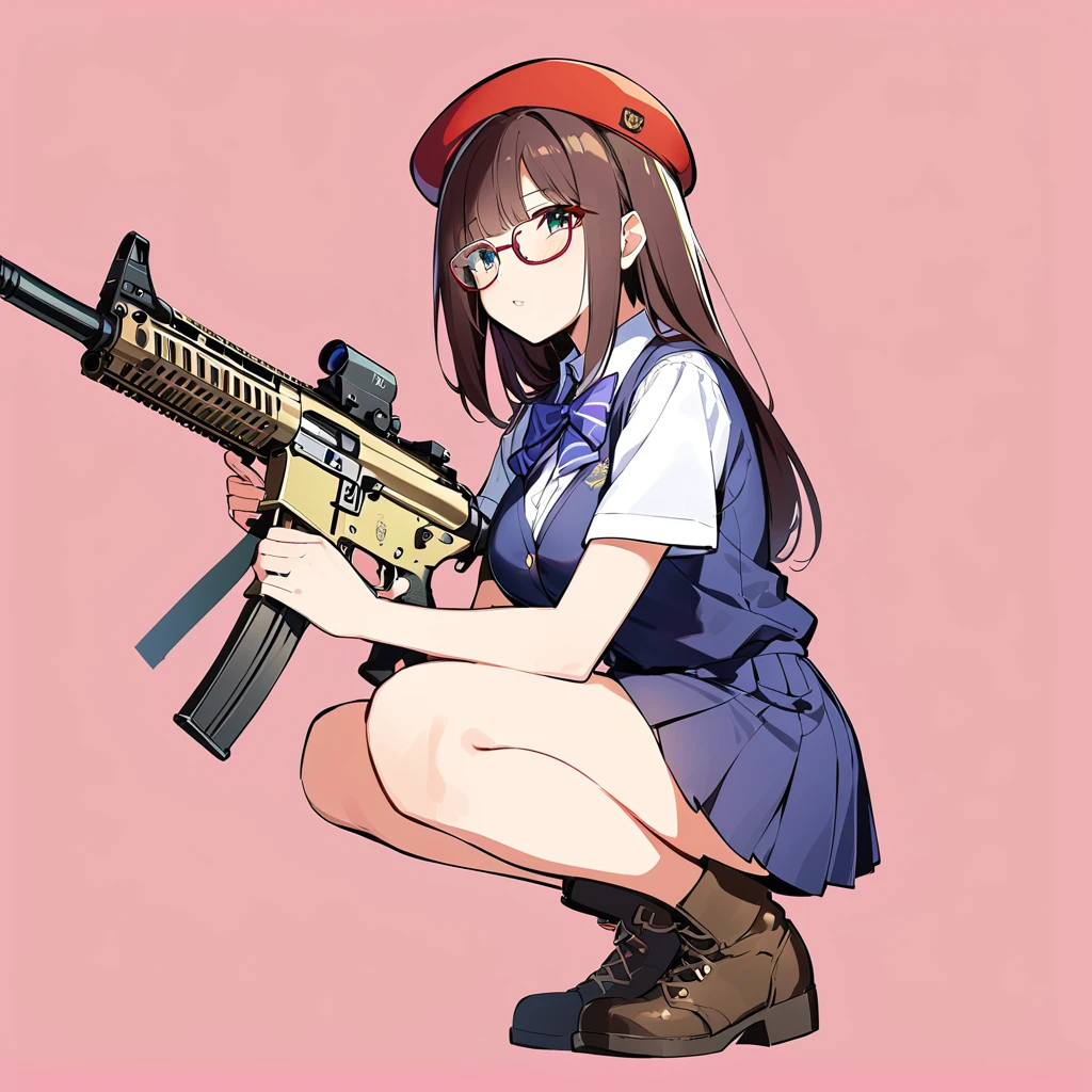 Plain background, girl wearing high , summer uniform, short sleeves, military boots, glasses, holding M4A1, mini skirt, beret, squatting