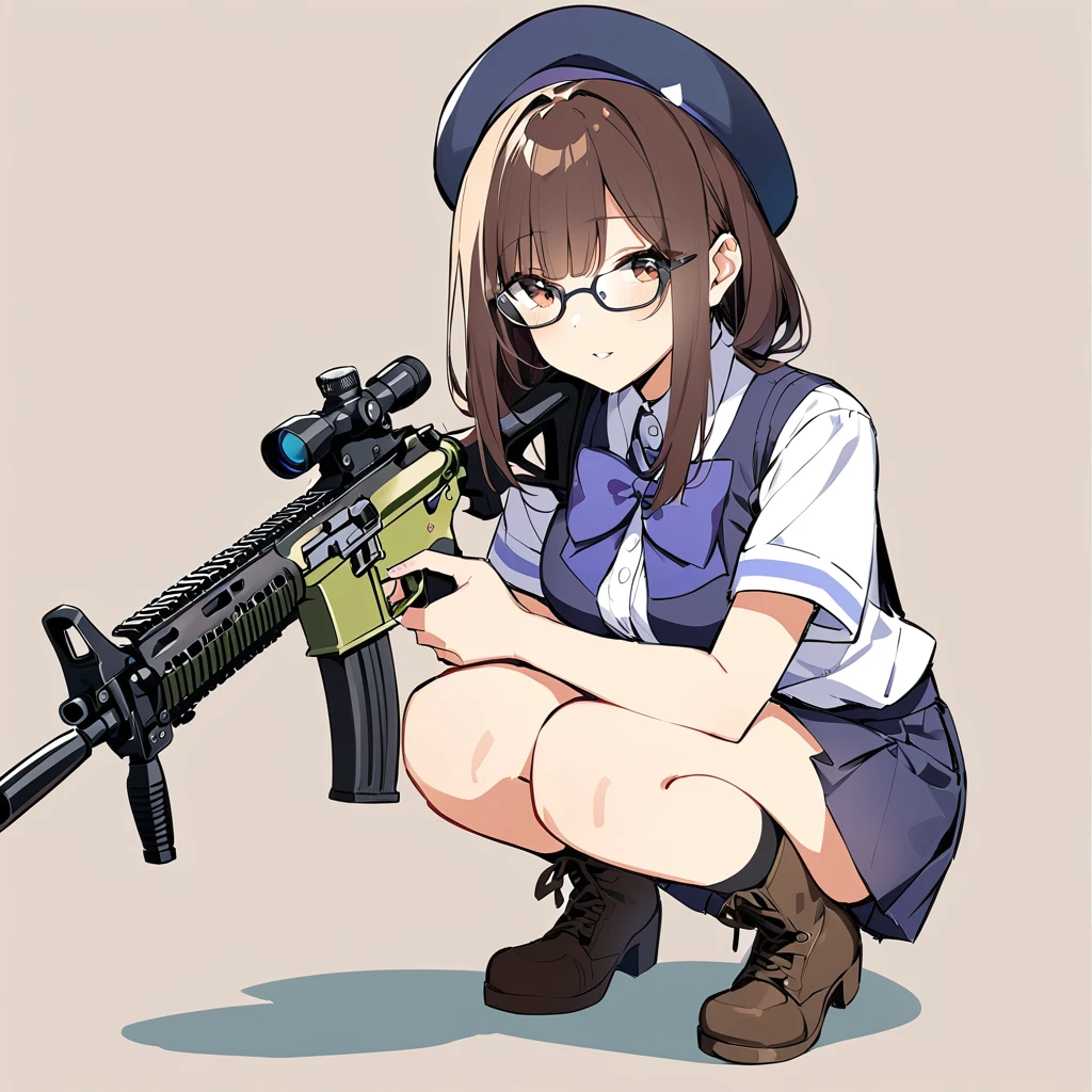 Plain background, girl wearing high , summer uniform, short sleeves, military boots, glasses, holding M4A1, mini skirt, beret, squatting