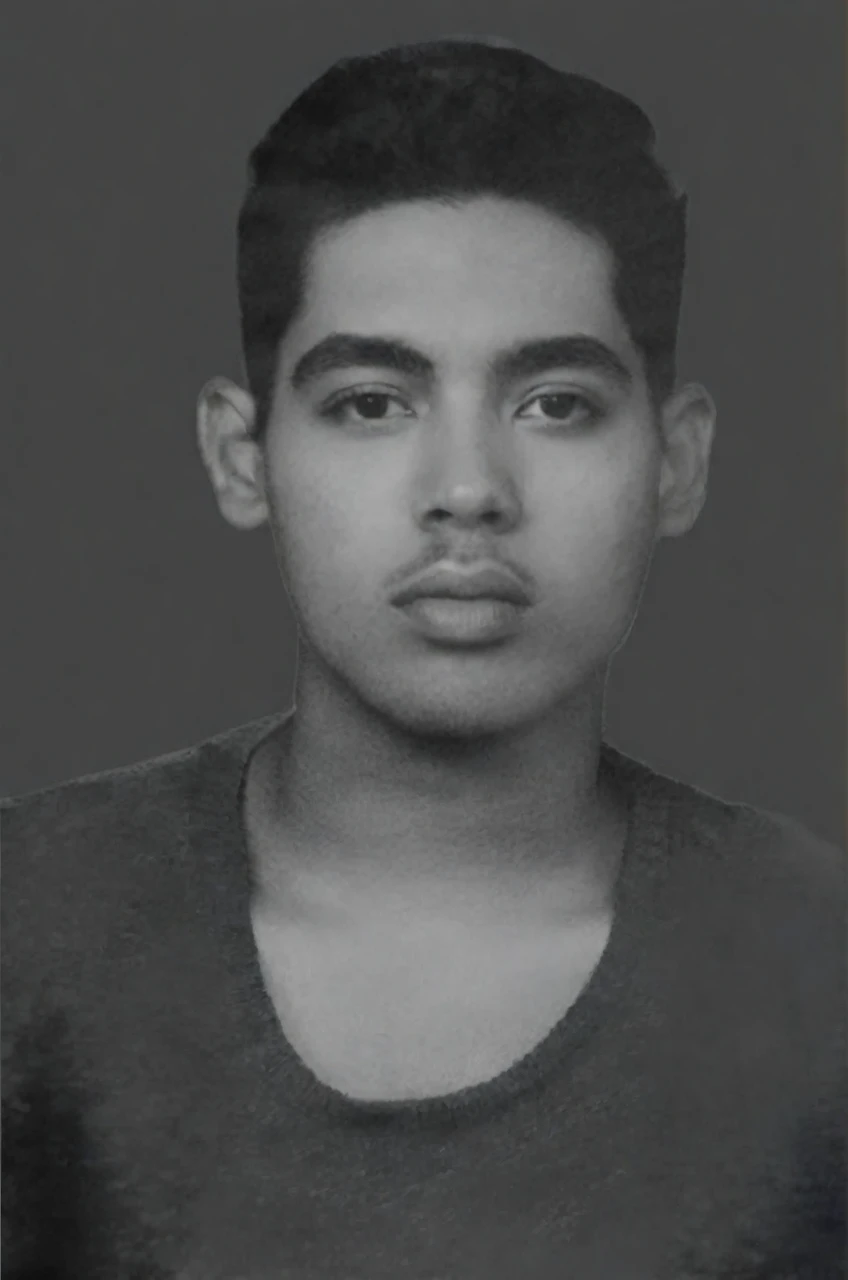 Portrait of a young man with a neutral expression, short dark hair with a fade cut, thick eyebrows, and fuller lips. The person has a medium skin tone, is wearing a dark crew-neck T-shirt, and the photo is in black and white, exhibiting a look reminiscent of the mid-20th century. The background is a solid, flat color. The image has a fine grain, giving it a vintage texture.