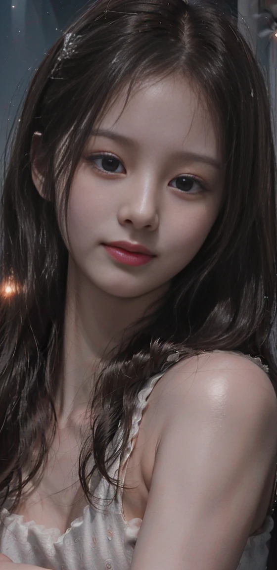 (RAW photo, best quality), ((Nostalgia,1980s syle)),(A girl with a literary atmosphere:1.2),(realistic, photo-realistic:1.3), extremely delicate and beautiful, Amazing, finely detail, masterpiece, ultra-detailed, highest,best illustration, best shadow,intricate,depth of field,(closeup portrait of a young beautiful woman:1.2),long hair,messy hair,((((low key,dark scene,dimly lit)))),(((soft lighting:1.4))),(pale skin:1.4),(shy smile),(cinematic angle),sharp focus, volumetric fog, 8k UHD, DSLR, high quality,( film grain:1.4), Fujifilm XT3,(looking at viewer), pale skin, (smile), (upper body), huge breasts