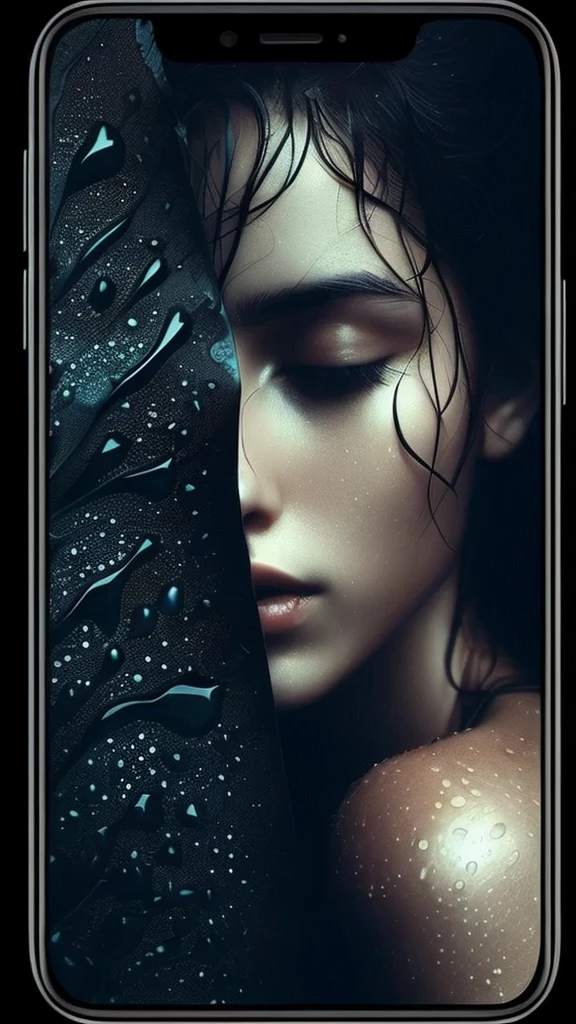 High contrast iPhone background image, close up image of a black leaf with water droplets, subtle colored reflected by water droplets reflecting the beauty of a young woman,