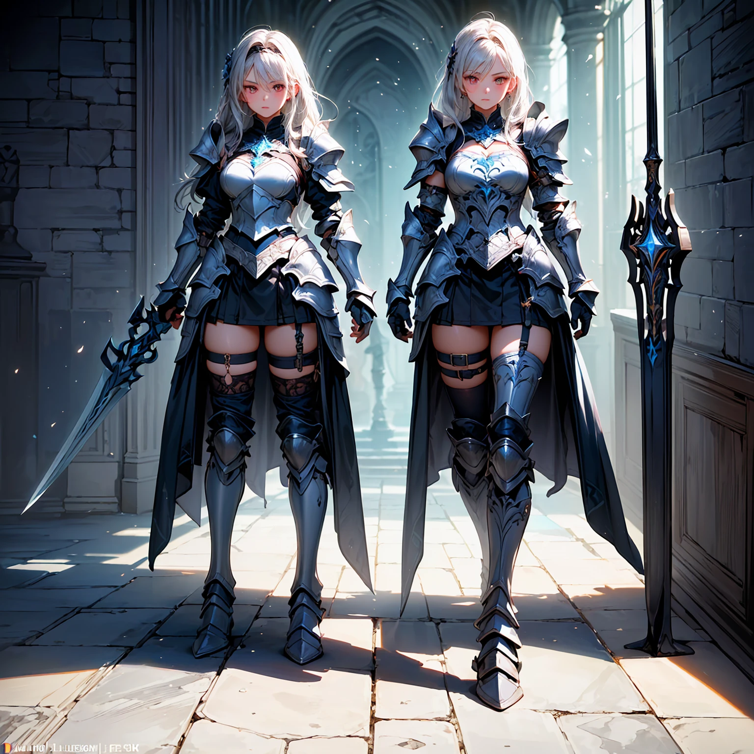 (((masterpiece, best quality, high detailed, 8k))) Design a layout showcase Gaming character, (1girl). Purple+Silver full body armor, stylish and unique. ((showcase weapon:1.4)), magical orb. (masterpiece:1.2), (best quality), 4k, ultra-detailed. (Step by step design, layout art:1.5), (luminous lighting, atmospheric lighting). sorceress, ((glove full hands)), (((revealing armor:1.3))), vambraces, armored legwear, (((full_body_shot:1.4))). {In an enchanted castle}.