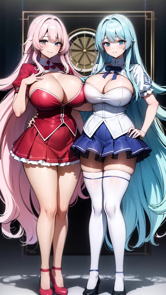 a masterpiece of two plump girls with cyan-blue colored hair, extremely large fluffy hairstyle, parted-bangs, hazel eyes, and matching uniforms with sexy lace accents, ribbons, and rainbow short skirts, wearing white thigh-high socks and black high heels, hugging each- other with a seductive smile, flat color background, full body, ultra-detailed, (best quality,4k,8k,highres,masterpiece:1.2),ultra-detailed