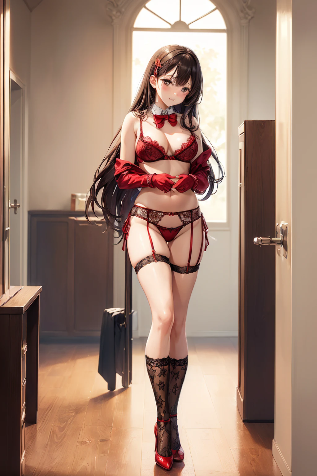 ((一人のWoman in underwearはセクシーに歩いている:1.5)), Beautiful Anime Women, Beautiful art style, Anime characters, ((Smooth texture, Realistic texture, Anime CG Style)), ((Highest quality)), (Very detailed), (Very detailed CG 統合 8k 壁紙), Very detailed, High-resolution RAW color photos, Professional photography, (Brown Hair, Stylish hairstyle:1.1), Great face and eyes, Beautiful and big breasts, Slender body, (Stunningly beautiful woman), (Detailed face:1.2), (Office corridor, There is a window in the hallway:1.4), (Many men in suits are walking in the background:1.5), ((Bow tie around neck:1.3), (Black high heels:1.1), (Sexy and cute red underwear:1.3), (Stylish shiny red satin panties, Side-tie panties, Panties with plain red center and lace decoration on the sides:1.3), (Thin panties:1.3), (Red Micro Lace Satin Bra, Red bra with lace trim, Thin bra:1.3), (lace garter belt, Garter Strings, Knee socks:1.3):1.3), (naked, Woman in underwear, 女性はブラとパンティとKnee socksとガーターベルトだけを着用:1.5), Exact number of arms, Exact number of legs, Perfect Anatomy, (Embarrassed expression, Surprised expression), Angle from the front, Exact finger count、Exact number of legs、(Exact number of arms:1.0, Exact number of hands:1.0), (Perfect hands, Perfect Anatomy)