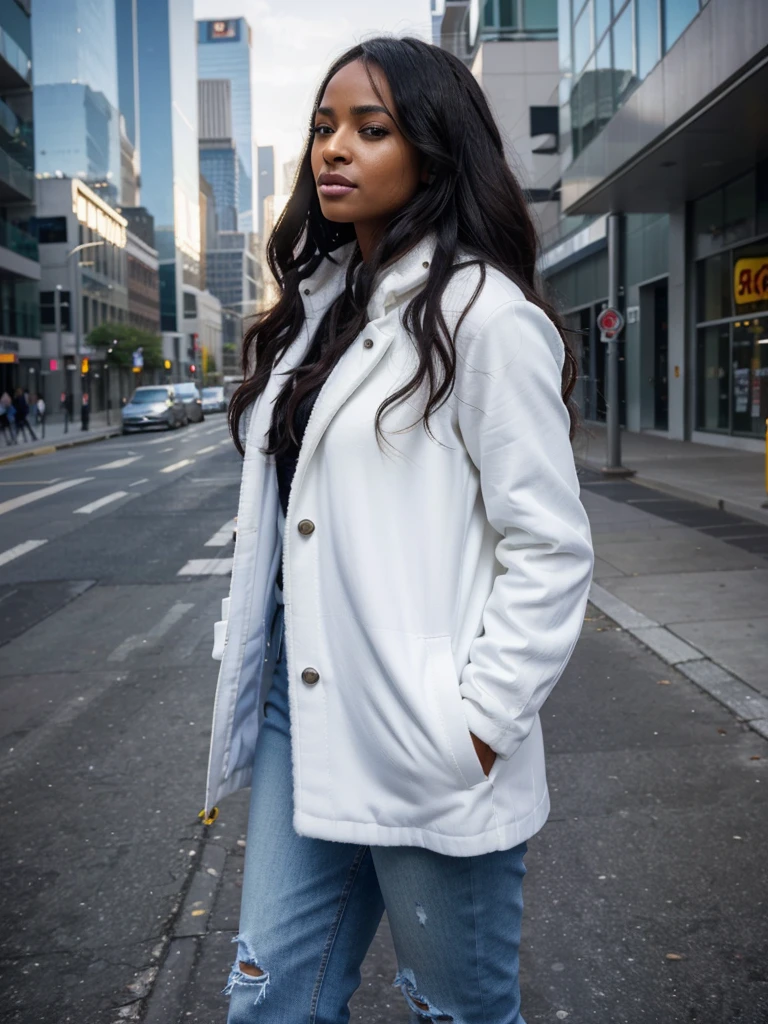 8k, RAW photo, best quality, ultra high resolution, photorealistic, realistic photo of ciara harris, (ciara harris), (slim face, dark skin, black hair, wavy hair), in the city downtown, futuristic city, skyscrapers, bright light, (photo from the side), ((seductive standing pose)), (wearing: (white overcoat), (jeans)), ((looking at viewer)), smirking, seductive, High Detail, Sharp focus, (bright light)
