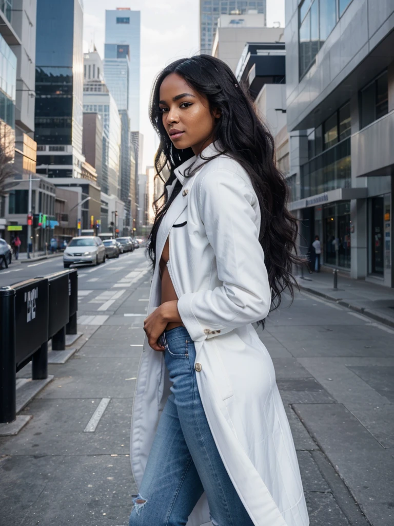 8k, RAW photo, best quality, ultra high resolution, photorealistic, realistic photo of ciara harris, (ciara harris), (slim face, dark skin, black hair, wavy hair), in the city downtown, futuristic city, skyscrapers, bright light, (photo from the side), ((seductive standing pose)), (wearing: (white overcoat), (jeans)), ((looking at viewer)), smirking, seductive, High Detail, Sharp focus, (bright light)
