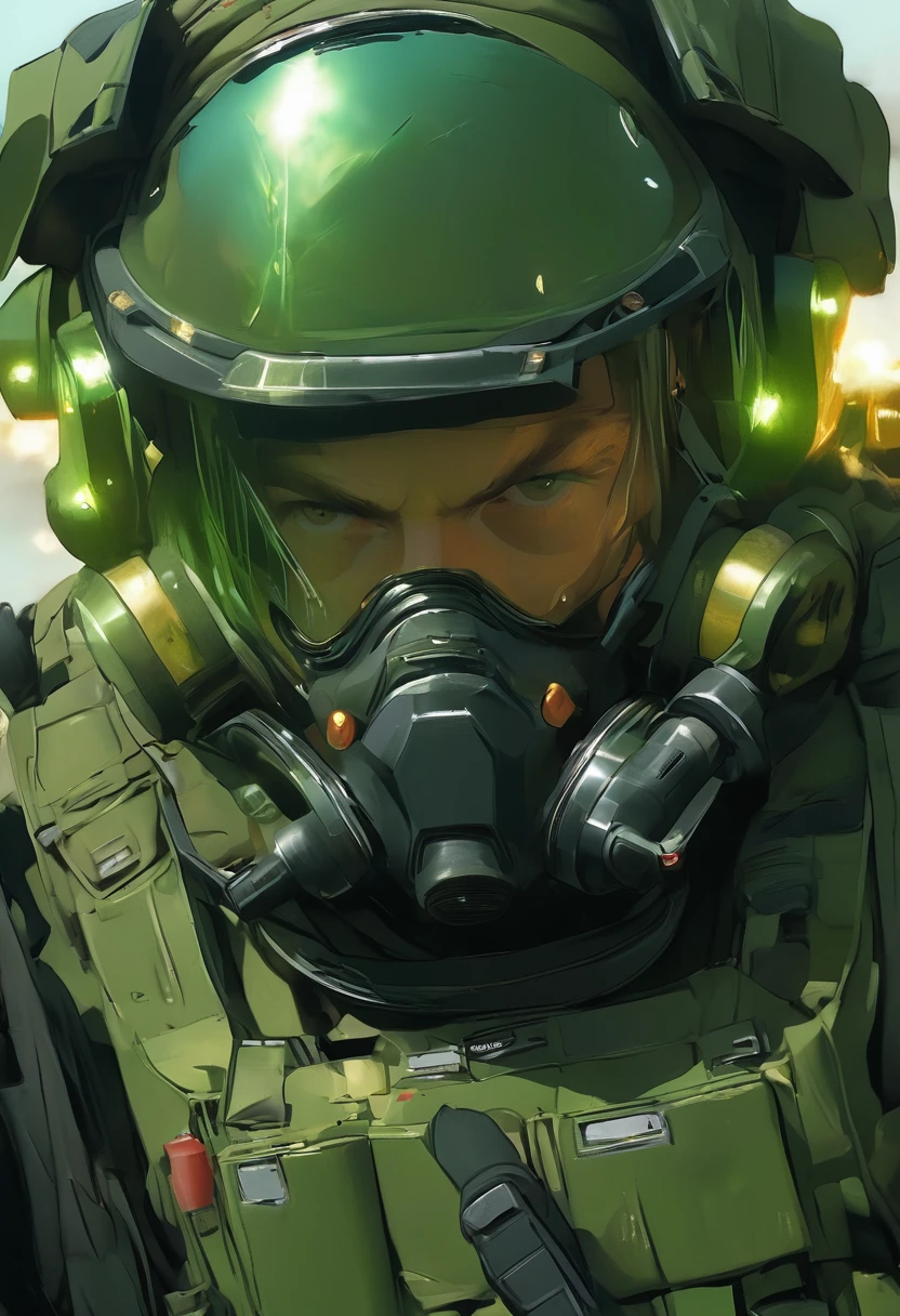 close up view of a EOD, tinted visor glass, green EOD suit