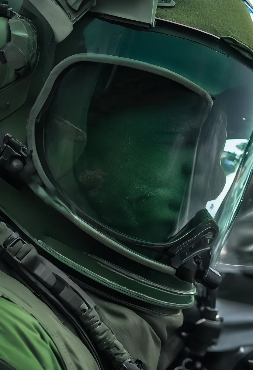 close up view of a EOD, tinted visor glass, green EOD suit