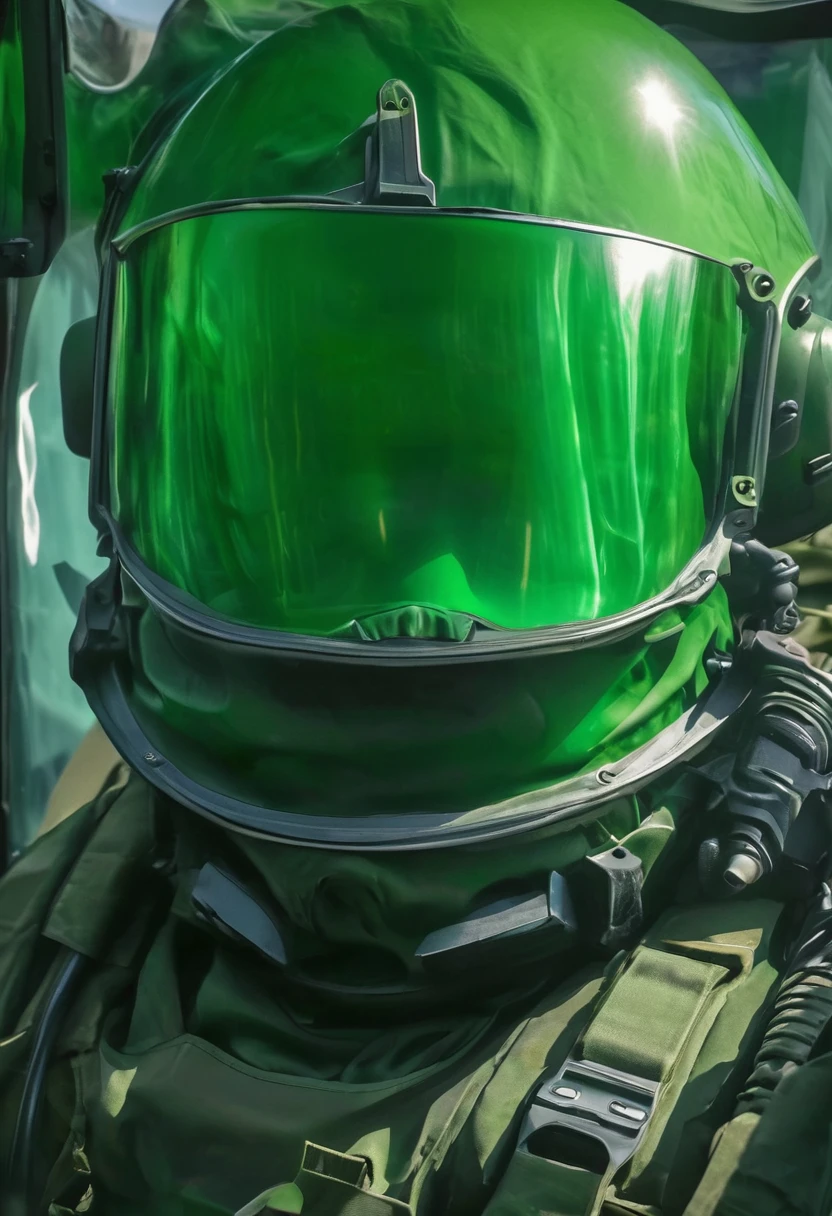 close up view of a EOD, tinted visor glass, green EOD suit