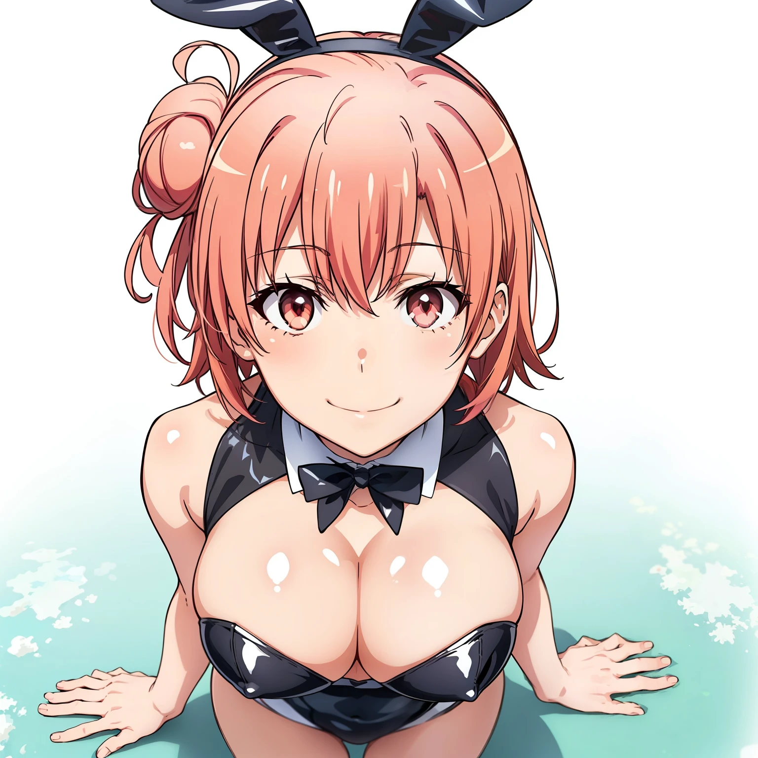 ((masutepiece, Best Quality, hight resolution, nffsw, Perfect Pixel, depth of fields, 4K, )), 1girl in, Solo, , Beautiful anime girl, Beautiful Art Style, close up, Looking up at Viewer, shot from above, Perfect body, Yuigahama Yui, Short hair, pink hair, hairbun, (large boob), black playboy bunny outfit, smile, hands on body, blank white background