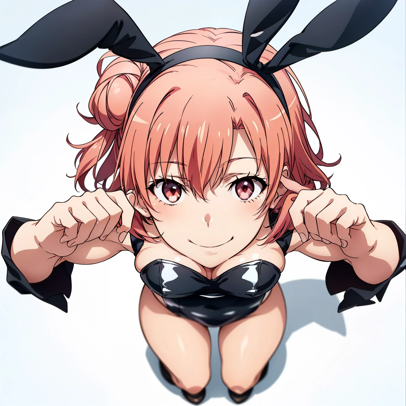 ((masutepiece, Best Quality, hight resolution, nffsw, Perfect Pixel, depth of fields, 4K, )), 1girl in, Solo, , Beautiful anime girl, Beautiful Art Style, close up, Looking up at Viewer, shot from above, Perfect body, Yuigahama Yui, Short hair, pink hair, hairbun, (large boob), black playboy bunny outfit, smile, hands on body, blank white background