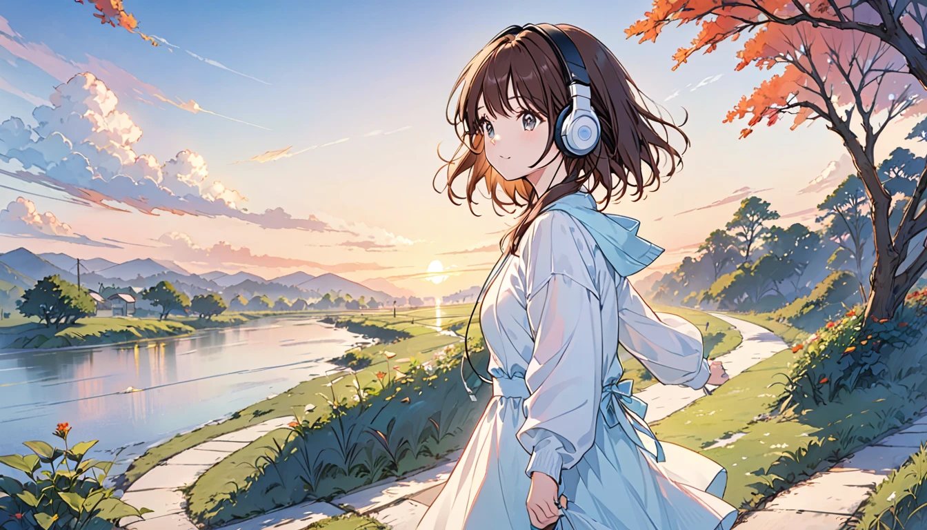 Girl wearing headphones,Brown Hair,1 person,bright,「Walking path at dusk」There is only one path