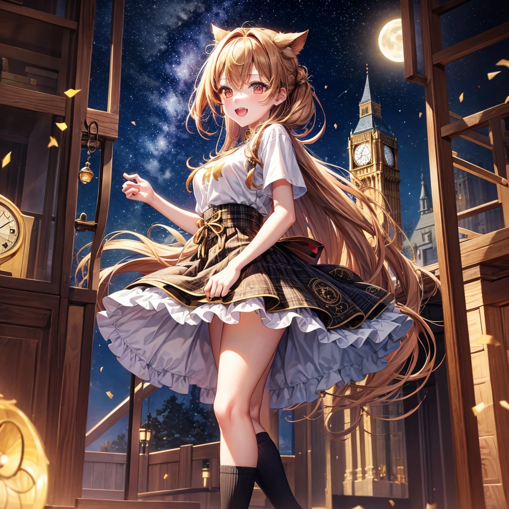 Brown and gold hair、Red gold eyes、Hair tied up、One good looking girl、solo、anime、Checkered mini skirt、Ruffles on the skirt、T-Shirts、Black knee-high socks、Teeth are visible、Starry Sky、Midnight Moon、Confetti、Brick construction、clock tower、spiral stage