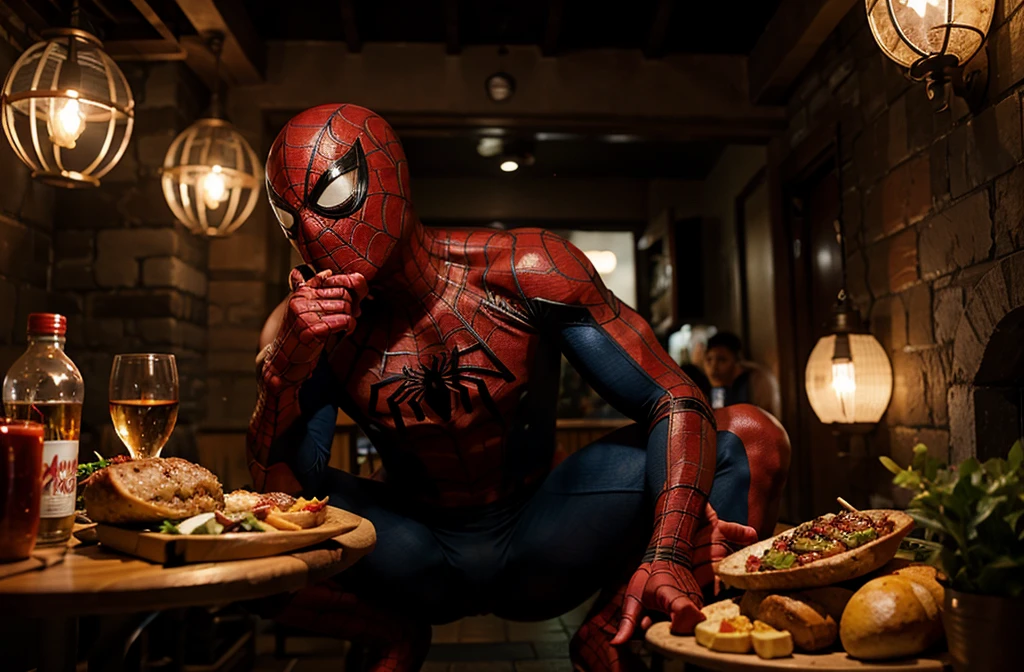 Spiderman having dinner