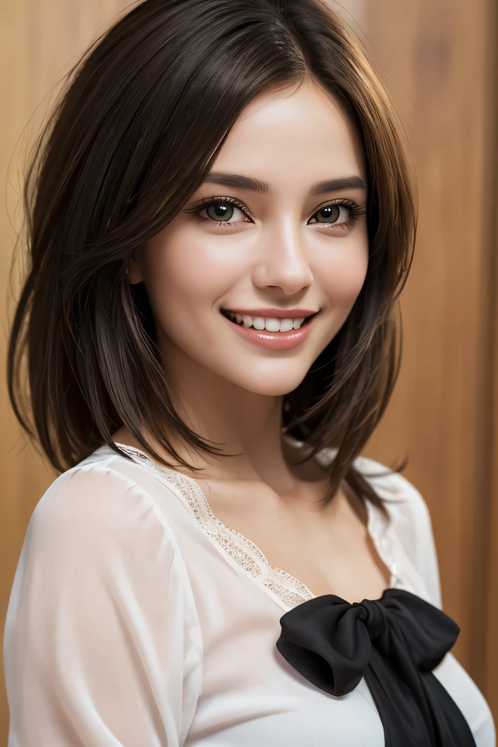 ((masterpiece)), ((Highest quality)), ((Complex)), ((Surreal)), (Realistic), (Mature Woman), ((There are no classes)), Very detailed, (1 female), Beautiful and exquisite, (Beautiful Teeth), Grin, Brunette Bob Hair, Brown eyes, ((blouse)), (Upper Body), (background:none), Perfect Eyes, Captivating eyes, Looking at the audience