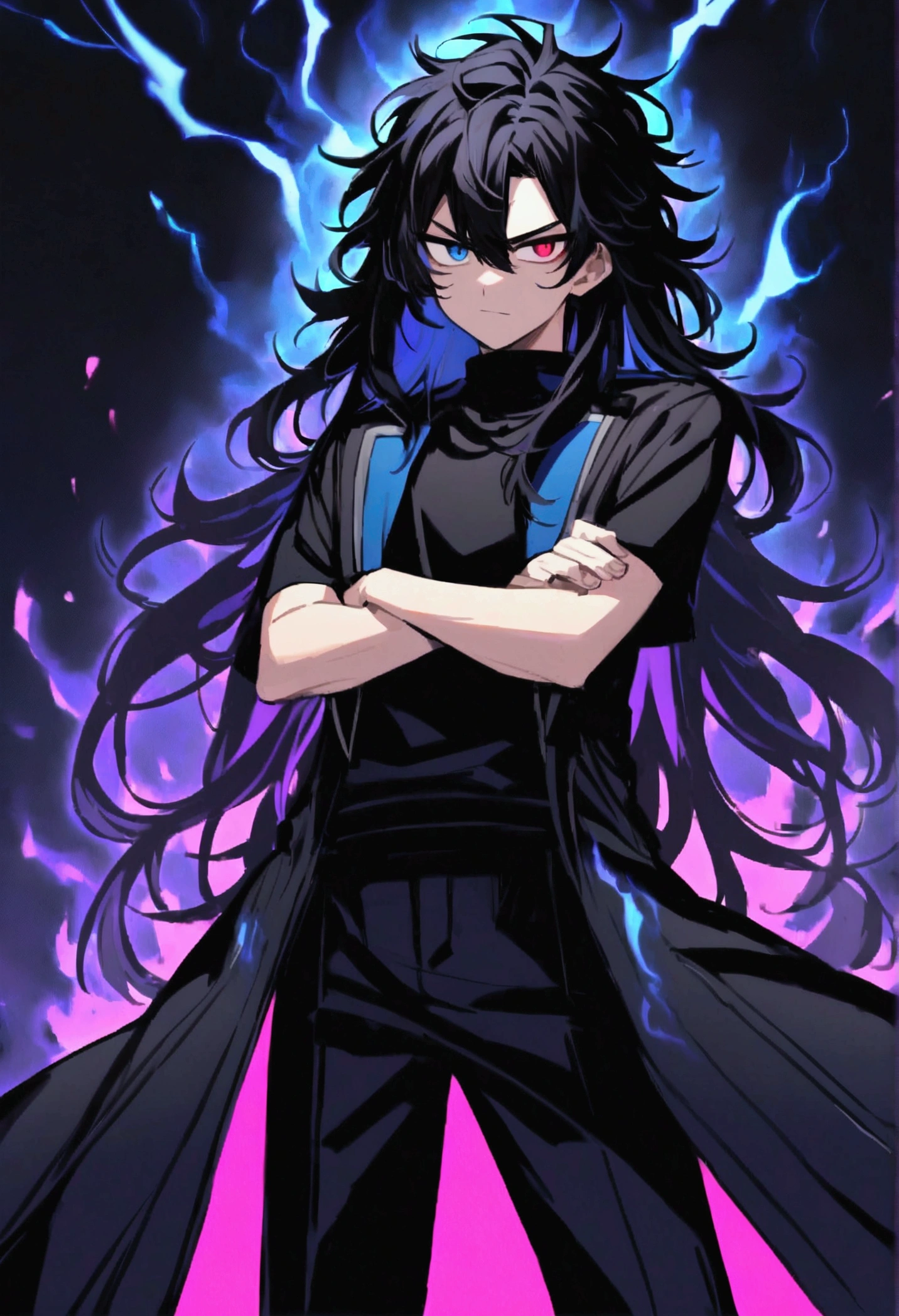 Teenage boy, Messy hair, long hair, multicolored blue and black hair, crossed arms, blue and black eyes, heterochromia, ssmile, serious face, black jersey, dark blue detailed and wide short-sleeved overcoat, detailed black pants, black sneakers, electric aura around the character