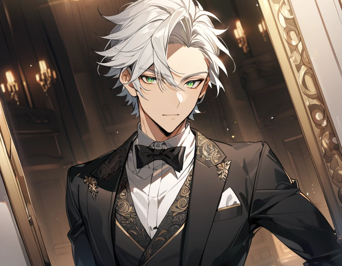 1 boy, male focus, Intricate details, 1 man, handsome, white hair, vibrant green eyes, slim muscles, anime, 19 years old, 19 years old, a small goatee,(the character is wearing an elegant black suit, going to a party)