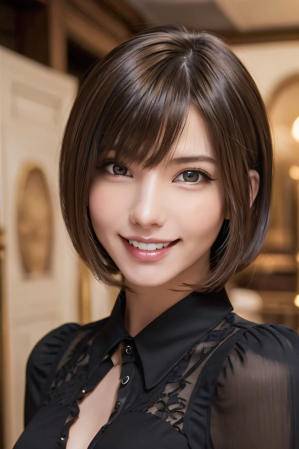 ((masterpiece)), ((Highest quality)), ((Complex)), ((Surreal)), (Realistic), (Mature Woman), ((There are no classes)), Very detailed, (1 female), Beautiful and exquisite, (Beautiful Teeth), Grin, Brunette Bob Hair, Brown eyes, ((blouse)), (Upper Body), (background:none), Perfect Eyes, Captivating eyes, Looking at the audience