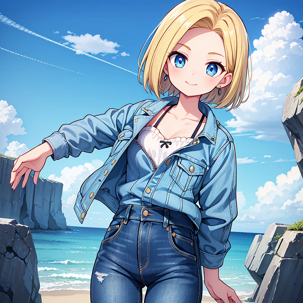 1 girl, Alone, Android 18, by rubio, Blue eyes, short hair, jewelry, earrings, SMILE, Jacket, looking to the side, denim, denim Jacket, Upper part of the body, lingerie, Closed mouth, cloud, sky, day, looking away, blue sky, collarbuno,