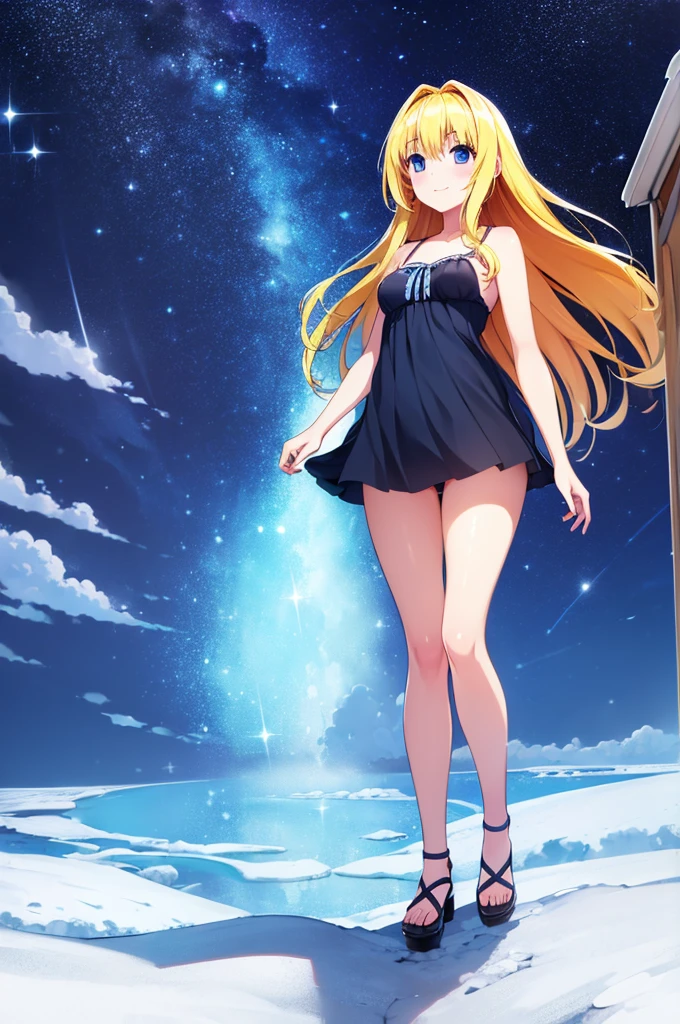 (masterpiece:1.3), (best quality:1.1), (8k, ultra detailed, ultra high res:1.2), ((anime style)), perfect 5 fingers, perfect anatomy, 
1girl,
BREAK long hair, wavy hair, 
(blonde hair), 
(blue eyes), 
medium breasts, camisole, (Sequins:1.2), 
BREAK smile, 
looking up, 
full body, 
standing, 
outdoor, outside, Meteor shower, she is looking up at the starry sky, 