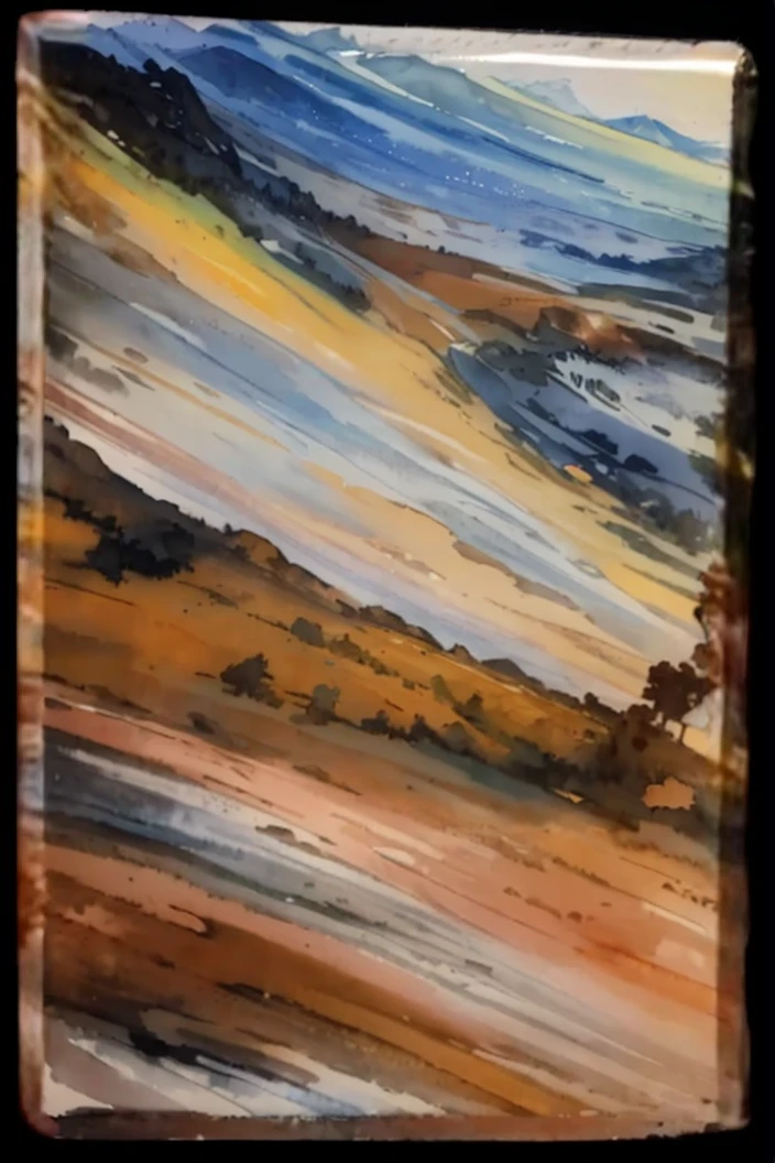 Earth, mountains and rivers，The distant mountains are cascading and soft，sky cloud changes，The river sparkles，terrain changes，The colors are distinct and blended，Clear changes in light and shadow，Silky smooth and delicate watercolor painting