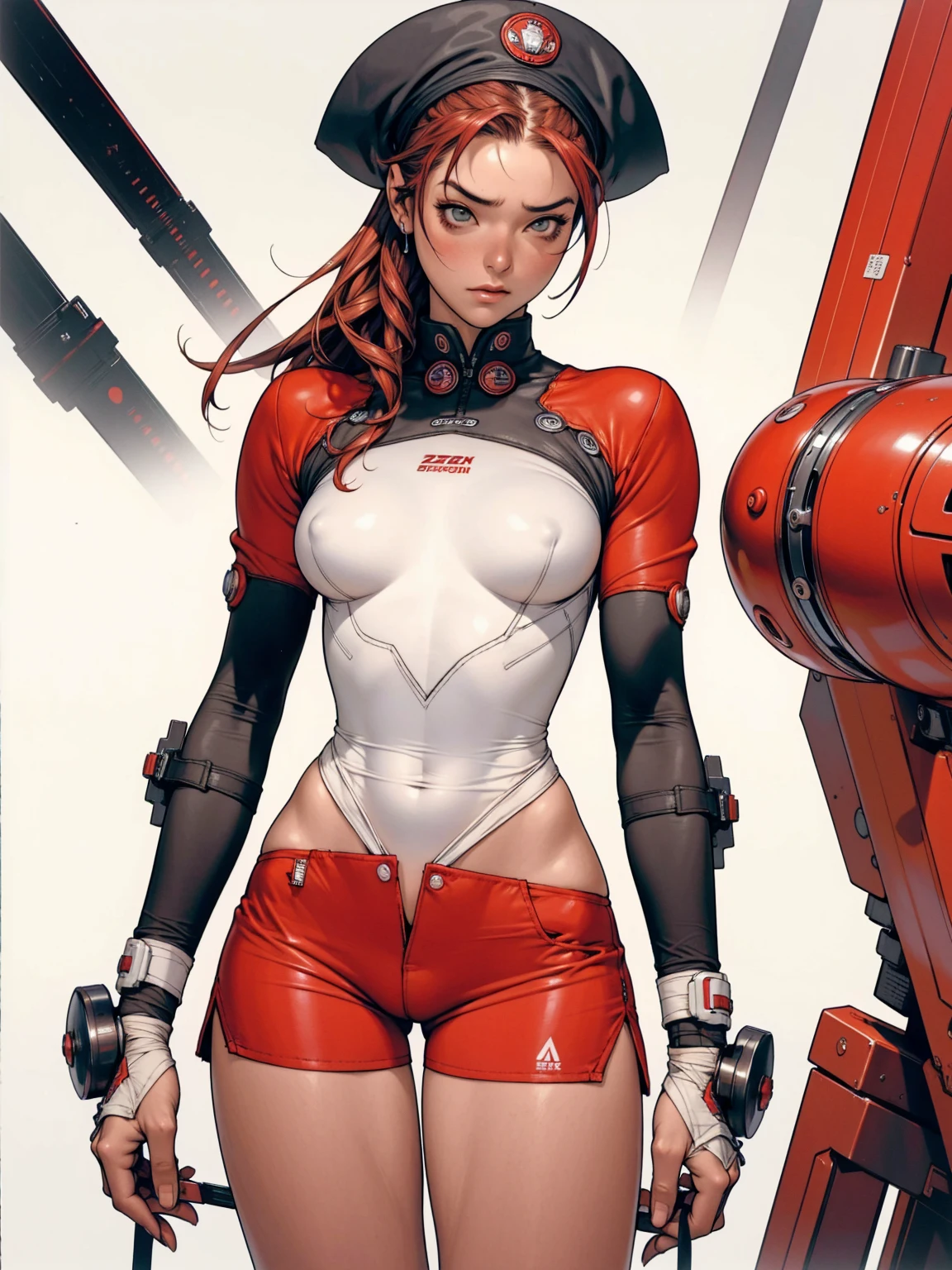 (((MMA fighter))), ((( red shorts ))), (((bandaged arms))), ((high collar)), (((redheadwear))), (((micro shorts with vertical seams))), (((best qualityer: 1.4))), (Unbeatable masterpiece), (hiper HD),(CG 8k hyper-realistic), (((brave face))), (((breasts big))), (((hyper feminine))), (((musclegirl))), sexly girl, king of fighter,(curly hair)), ((( sculptural body ))), (((1 Kizi))), Kizi de 25 anos com perfectbody,,Beautiful and well-groomed face,muscular body:1.2,solid color detailed jacket, (Head to thigh photos), Complex equipment, green dark,long pants,Tight clothes are dark,With white stars and off-white stripes,,,,,Armor Metal Electronic Parts) INFO, Kizi, (((standing alone))), pirralha violent, ((())), sexly, pose de atitude, work of art, post-apocalypse, (((manga style))), bounty hunter, violent, Manic, the way you want, slenderbody, thin but strong, perfectbody, roupa moderna, advanced technology, neon, sleeves with vertical striped pattern, neutral background, (( cowboy shot )). intricate visual