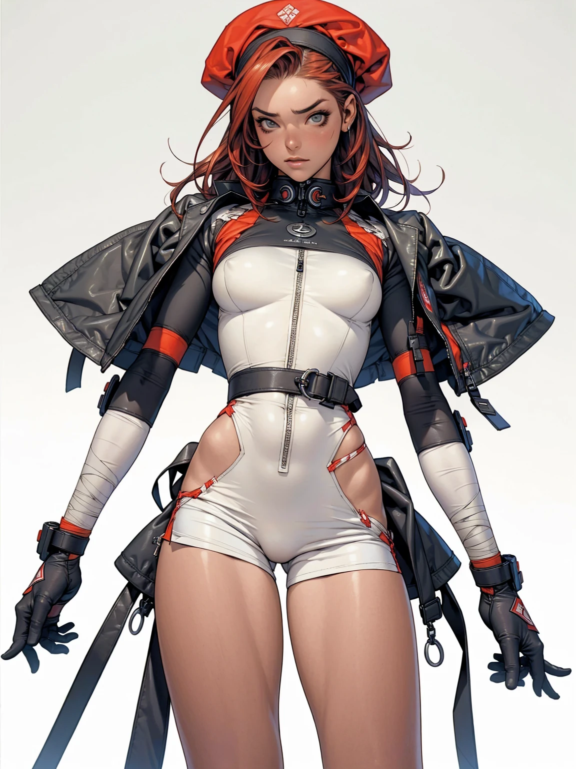 (((MMA fighter))), ((( red shorts ))), (((bandaged arms))), ((high collar)), (((redheadwear))), (((micro shorts with vertical seams))), (((best qualityer: 1.4))), (Unbeatable masterpiece), (hiper HD),(CG 8k hyper-realistic), (((brave face))), (((breasts big))), (((hyper feminine))), (((musclegirl))), sexly girl, king of fighter,(curly hair)), ((( sculptural body ))), (((1 Kizi))), Kizi de 25 anos com perfectbody,,Beautiful and well-groomed face,muscular body:1.2,solid color detailed jacket, (Head to thigh photos), Complex equipment, green dark,long pants,Tight clothes are dark,With white stars and off-white stripes,,,,,Armor Metal Electronic Parts) INFO, Kizi, (((standing alone))), pirralha violent, ((())), sexly, pose de atitude, work of art, post-apocalypse, (((manga style))), bounty hunter, violent, Manic, the way you want, slenderbody, thin but strong, perfectbody, roupa moderna, advanced technology, neon, sleeves with vertical striped pattern, neutral background, (( cowboy shot )). intricate visual