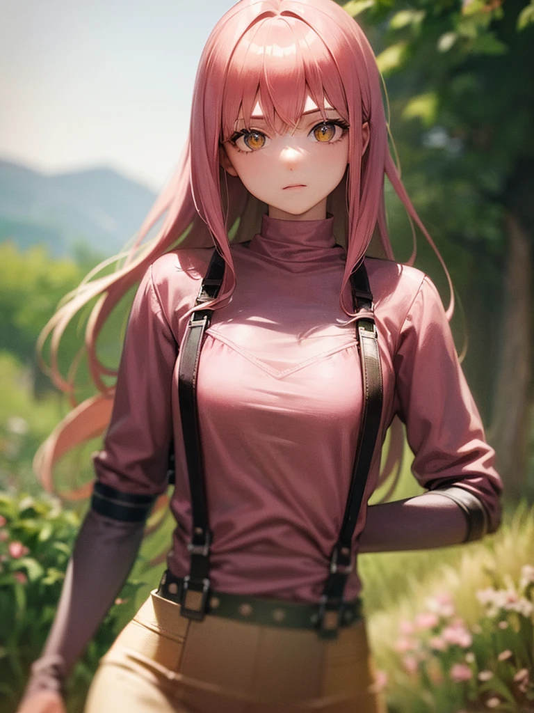 (8K, RAW Photos, Highest quality, masterpiece), Ultra-high resolution, (Realistic, photo-Realistic), One girl, emotionless, alone, Pink Hair, Yellow Eyes, Professional Lighting, Detailed lighting, Backlight, Depth of written boundary, Natural light, Sharp focus, 2 meter shooting range, Professional photography, Fine grain, Realistic eyes, Detailed Shadows, CG games, Cosplay, Pink clothes with arm ring, suspenders, Upper Body, Pink clothes, exterior, Crown, Gundam, Mecha, robot