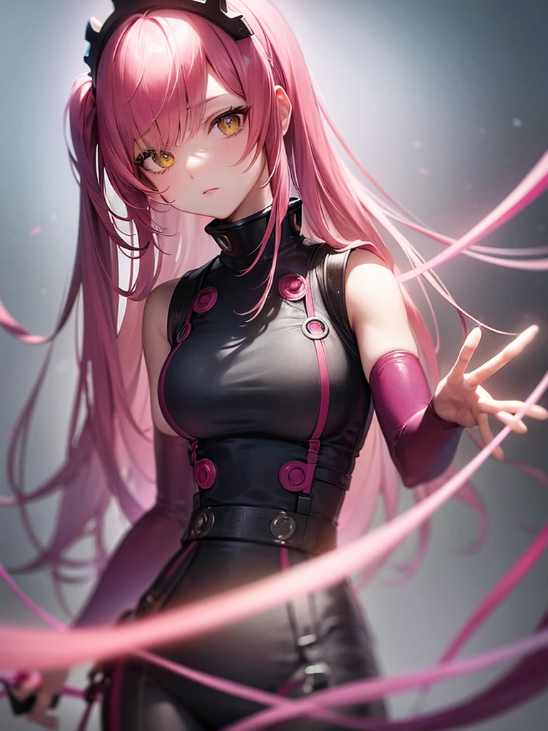 (8K, RAW Photos, Highest quality, masterpiece), Ultra-high resolution, (Realistic, photo-Realistic), One girl, emotionless, alone, Pink Hair, Yellow Eyes, Professional Lighting, Detailed lighting, Backlight, Depth of written boundary, Natural light, Sharp focus, 2 meter shooting range, Professional photography, Fine grain, Realistic eyes, Detailed Shadows, CG games, Cosplay, Pink clothes with arm ring, suspenders, Upper Body, Pink clothes, exterior, Crown, Gundam, Mecha, robot