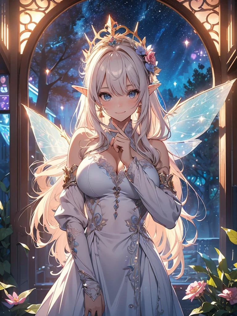 最high quality、1 woman elf on screen 、sexly, Beautifully decorated bra、Panties、Beautiful foam、、CourtyardShining fairy wings、Flower fractal art　　Beautiful Nature((beautiful night))　　((starry night))　、Bigger on the screen((side shot 　))　(up shot)　　　、((seethroughbodystocking, )),Beautiful radiance,High-definition depiction, Realistic, 8K, Unity, beautiful Shot, light smile, Beautifully and vividly drawn, , Beautiful, beautiful, clear skin、sexly,beautiful underwear,Countless rays of light pouring down, Swirling Light, Raise one arm above your head, Intense light is emitted from the magic circle in front of the girl.   forest、Lots of leaves、green leaves、flower、Particles of light、 night、Magic 、Fairy tale、
Romanticism,Cowboy Shot: The most beautiful form of chaos, Mr..々colour, Intertwined flowers, Particle,magical gentle light,smile,sexly,image quality、masterpiece、Beautiful Face、Super beautiful elf woman((Big breasted 22 year old office lady、Bust 100,Beautiful long ironed hair 、bionde hair,height: 165cm。、sexly、ANDsbian、、high quality、、Visual art、Written boundary depth、universe、Happy smile、、elegant、ticker beautiful decorative、、beautiful tiara、Beautiful bed、Beautiful Landscape、A kind smile、wonderful、Fluttering petals、Dance happily、、Cultivate fantasy、、Mystery light　Lots of flowers、、art、forest, art,mystery,Ultra-high resolution,atmosphere A colorful and dreamy anime-style illustration of a young girl with beautiful hair,Beautiful Forest. surrounded by a kaleidoscope of colors and glowing lights. The background is filled with whimsical details and a magical atmosphere. --ar 3:4 --style raw --stylize 600 --niji 6、Throne Beautiful  エロnsfw