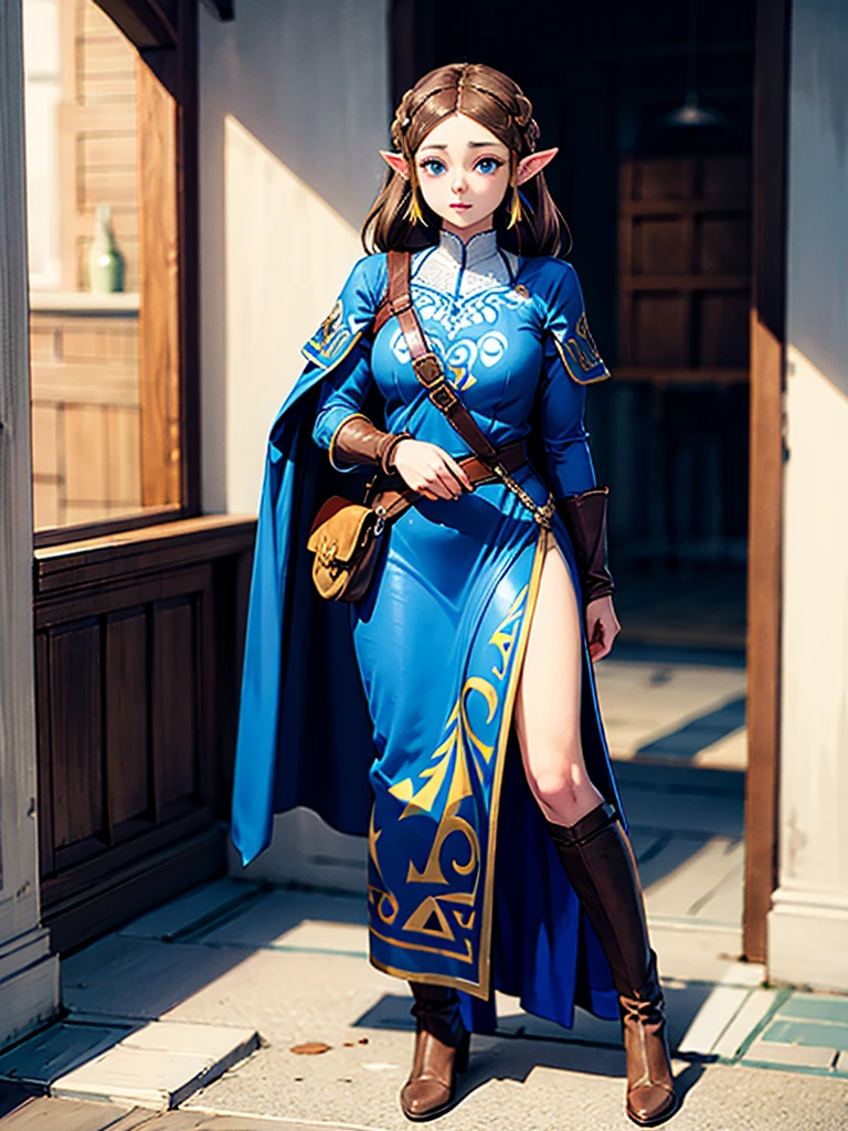Princess Zelda full body shot, Brown Hair, blue eyes, Dressed as an Assassin's Creed Assassin, white+In gold、whiteいマスクと金色のディテールが施されたフード, XL Bust, Using the Wrist Blade. background: Renaissance city. Unreal Engine 5, anime, anime style, masterpiece, Well drawn eyes, Well-drawn faces, 細部までWell drawn eyes, 細部までWell-drawn faces, 8K, Light and shadow effects.