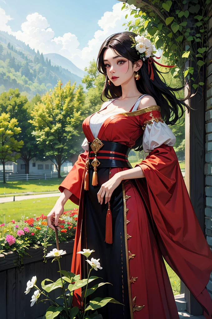 high resolution、Italian girl。Wearing national costume。Holding flowers。Fantasy、colorful