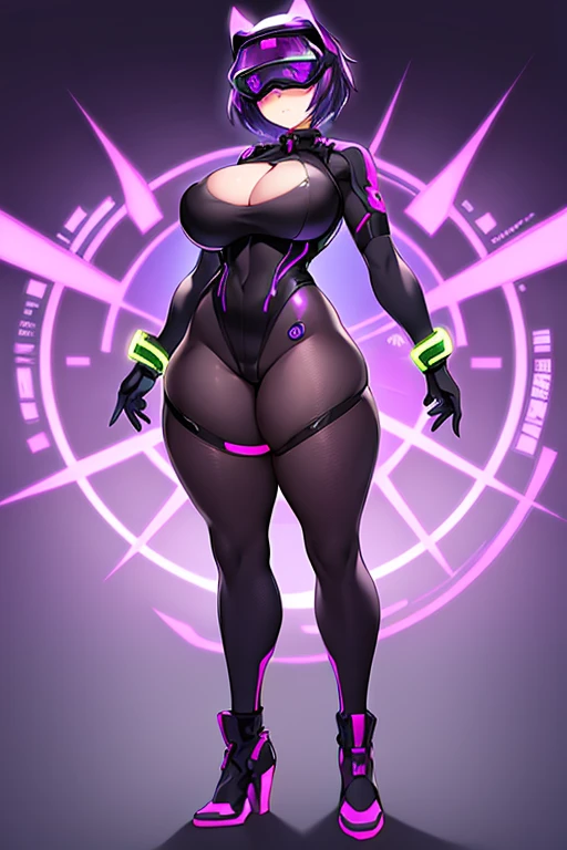 1girl, covered eyes, purple hair, very short hair, large breasts, hourglass figure, bodysuit, black bodysuit, neon, neon trim, machinery, tech, science-fiction, futuristic, standing, full body, ((full body)), pantyhose, black pantyhose, head-mounted display, vr visor, high heels,