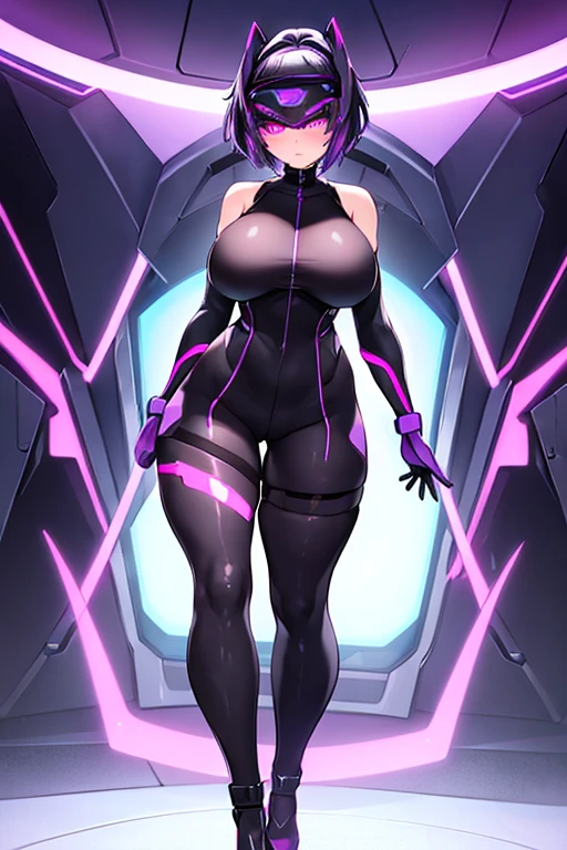 1girl, covered eyes, purple hair, very short hair, large breasts, hourglass figure, bodysuit, black bodysuit, neon, neon trim, machinery, tech, science-fiction, futuristic, standing, full body, ((full body)), pantyhose, black pantyhose, head-mounted display, vr visor, high heels,
