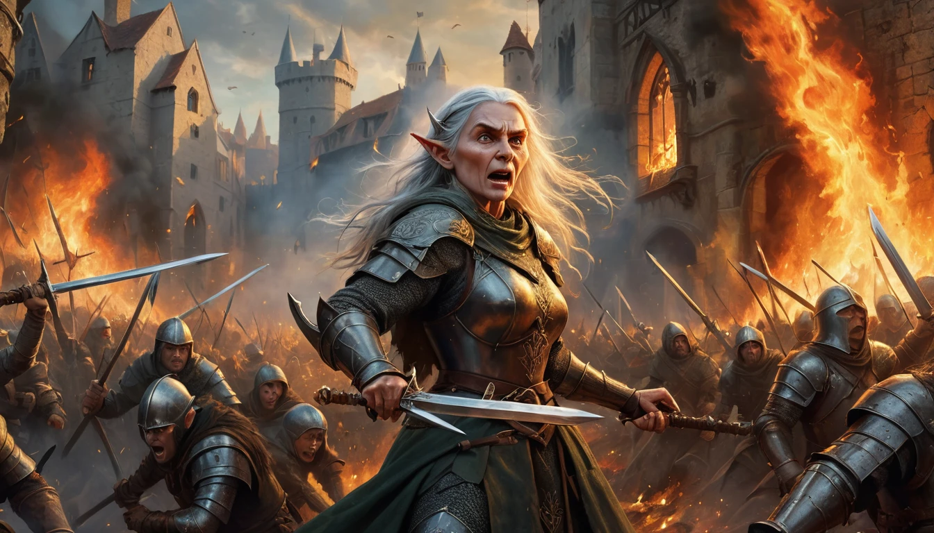 Highly detailed, UHD, 32k, medieval fantasy, heavy metal magazine cover, oil on canvas. Multiple subjects. Medieval cinematic War scene. An elderly elf lady fighting a human army, she is trading sword blows with a burly human with a silver sword. The scenery is a human town in flames. 