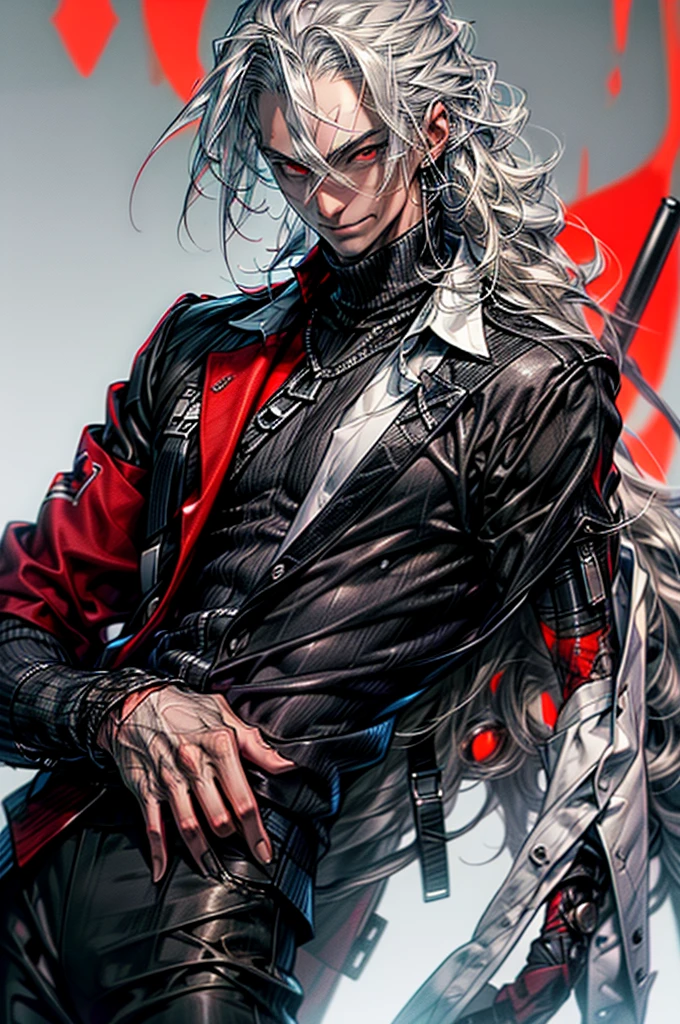 ((masterpiece:1.2, best quality, ultra detailed, absurdres, perfect anatomy, perfect hands)), (((1 man))), long silver hair, red eyes, paleskin, white shirt, black pants, creepy smile,