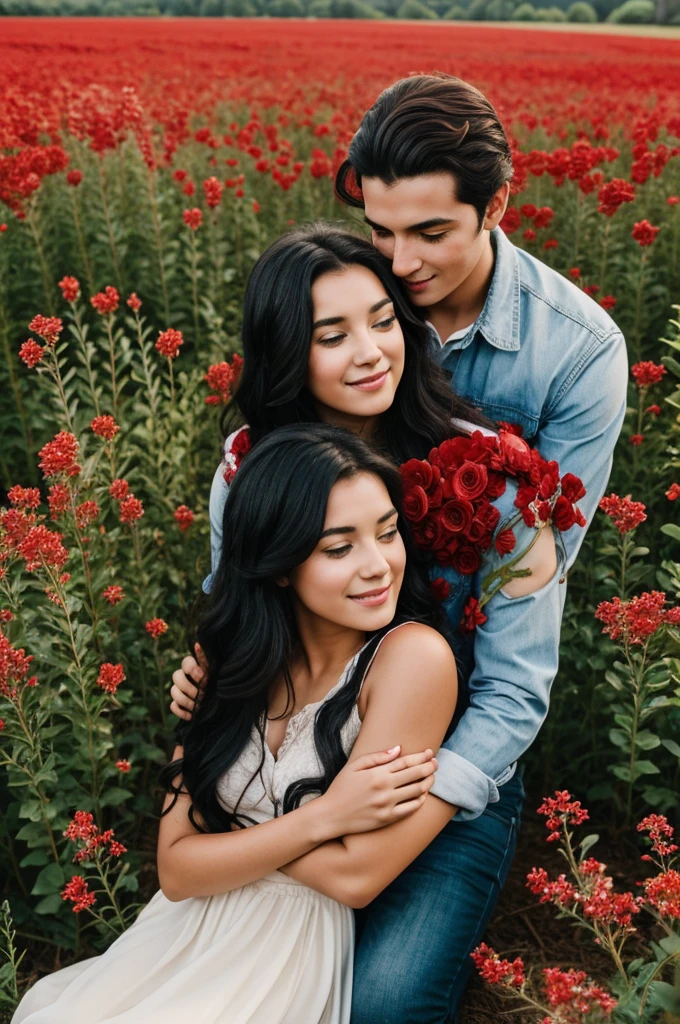 A young couple in love in a field of red flowers, The boy has long black hair and the girl has brown curly hair.