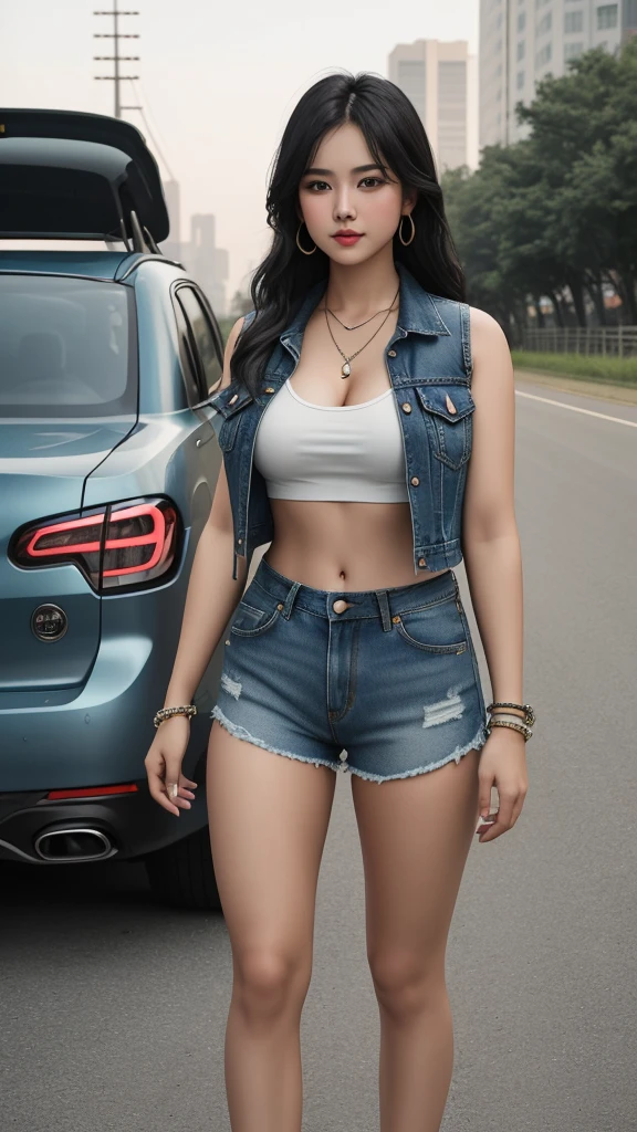 age girl, Automotive, decorations, car, shorts, Denim fabric, cutoffs, ground vehicles, single, chest, กางเกงยีนส์shorts, black hair, road, bracelet, road, long hair, outdoor, Diaphragm, looking for audience, shortsสั้น, realistic, cleavage navel vest rings standing city building day medium breasts lips sign blur crop top cowboy shot jacket