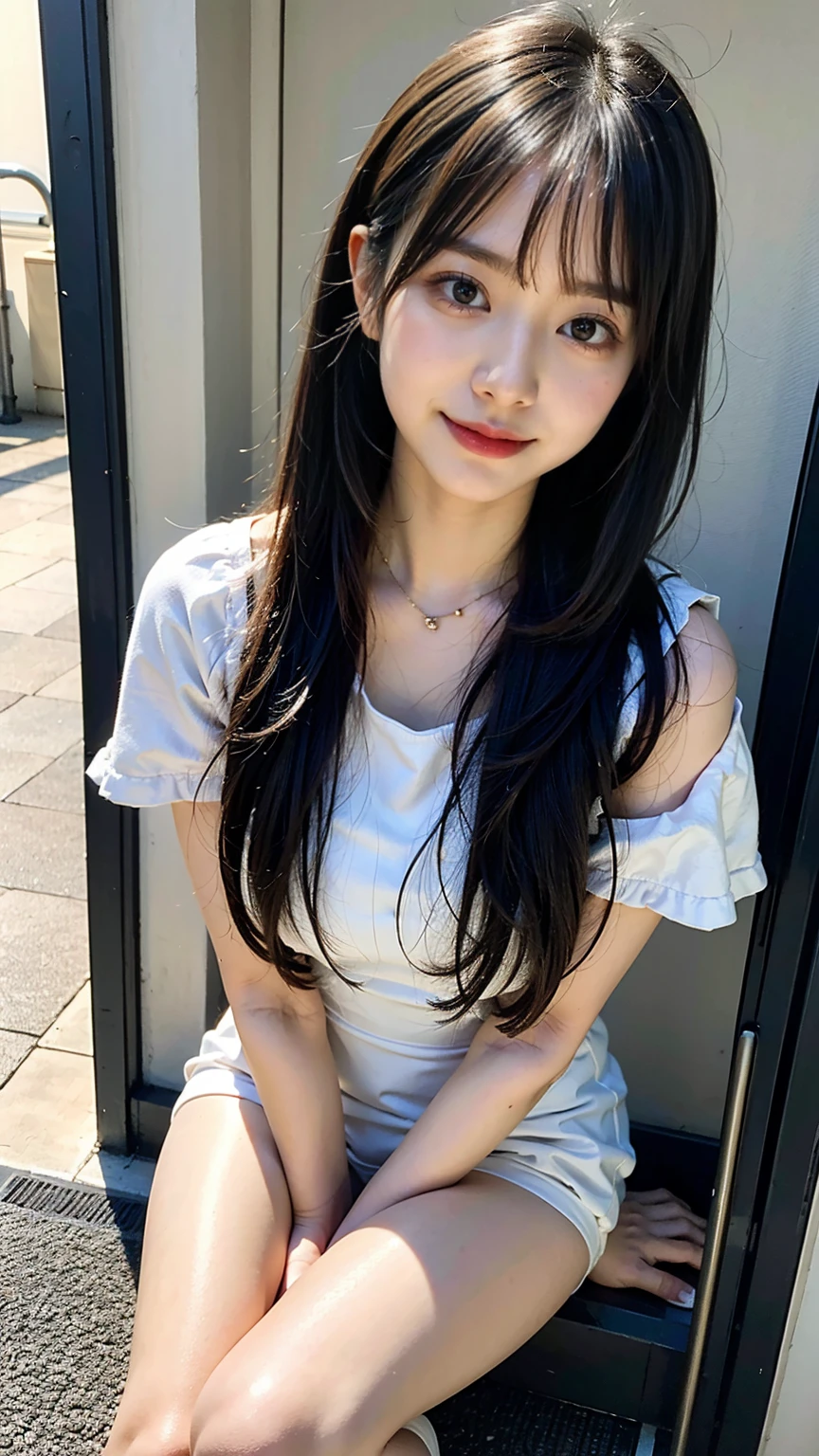 (8K、RAW Photos、Highest quality、masterpiece:1.2)、(Realistic、Realistic)、1 Girl、((White high-leg dress swimsuit:1.2、Thin legs、whole body、View from the front、smile、Looking into the camera))、cute