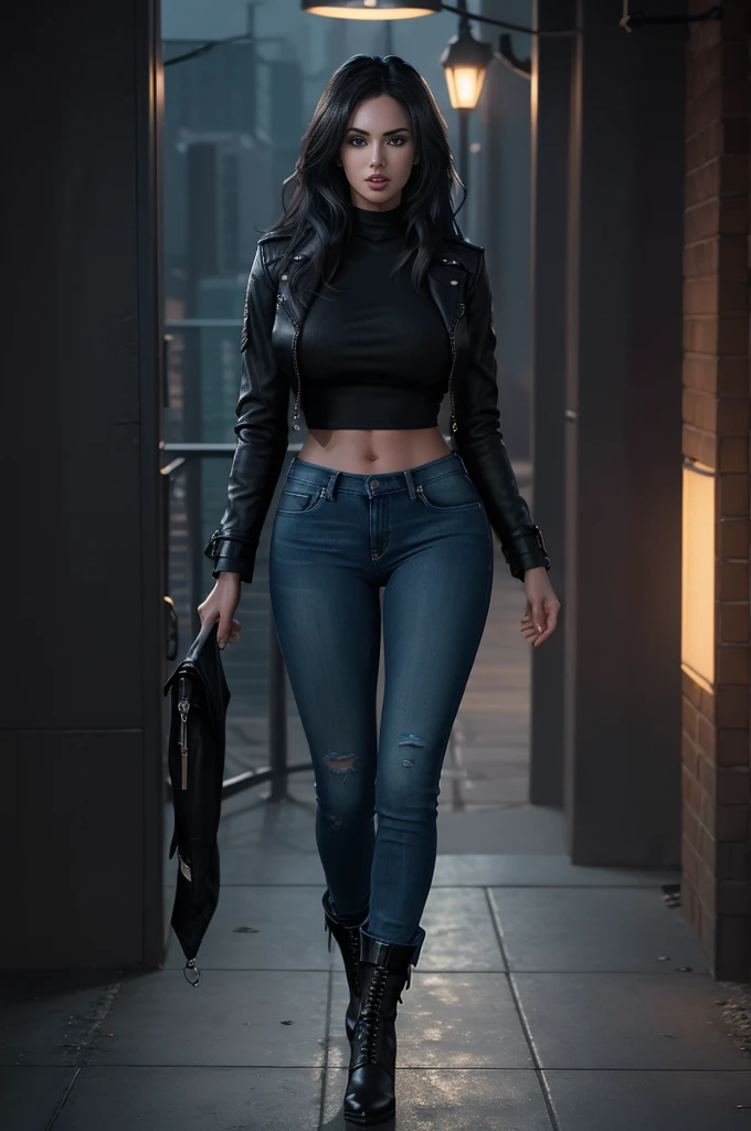 design, interrior, interriordesign Masterpiece, best quality, (highly detailed raw photo:1.2), 8k render in octane, volumetric lighting, volumetric shadows  sensual sexy girl (look like Megan Fox) , (pasionate look), jeans, leather jacket, pullover, boots, blue eyes walking in night city dark colors, 