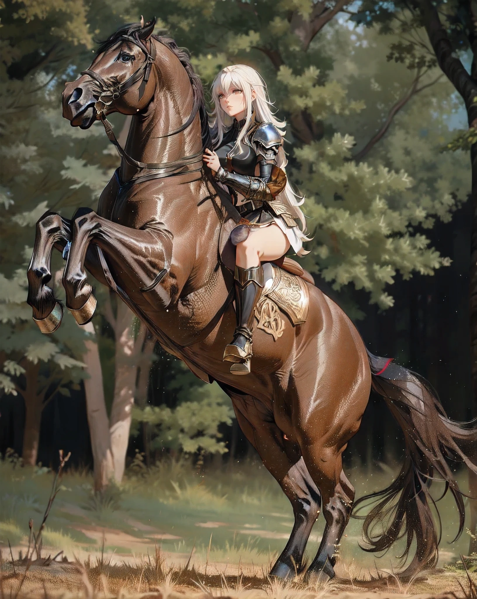 ((best quality)), ((anime masterpiece)), (high detailed), 8k, cinematic lighting, realistic, HDR, vivid color, a female knight riding a BROWN HORSE, long hair, {black hair}, (white armor, black gauntlet, black miniskirt, black boots), forest, anatomically correct