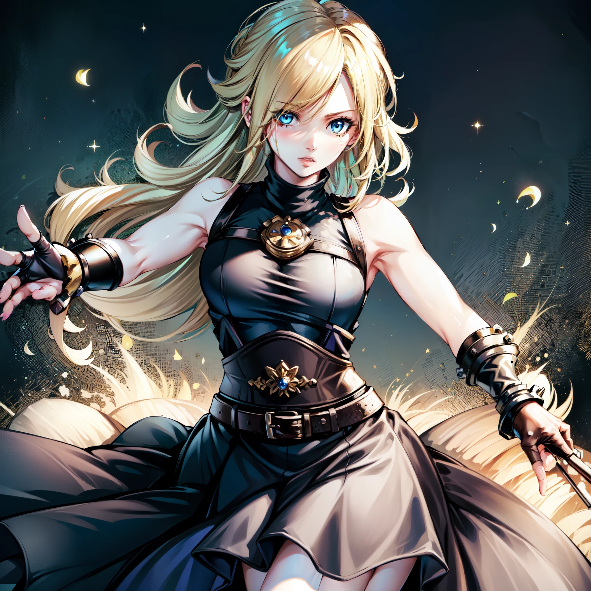 (masterpiece, best quality:1.2), expressive eyes, perfect face, highres, 1 girl, solo, (female:1.5), strife, blonde hair, shoulder armor, sleeveless turtleneck, suspenders, belt, gloves, bracer, blushing, surprised face, standing, portrait, looking at viewer,