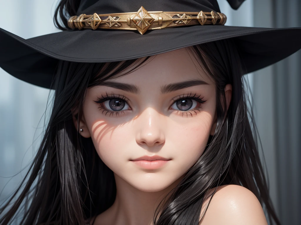 Beautiful witch, 20 years old, black long hair, black eye, face closeup