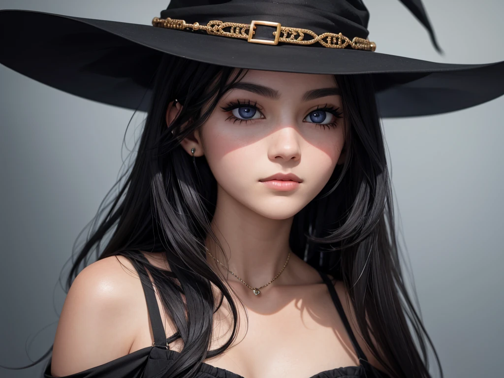 Beautiful witch, 20 years old, black long hair, black eye, face closeup