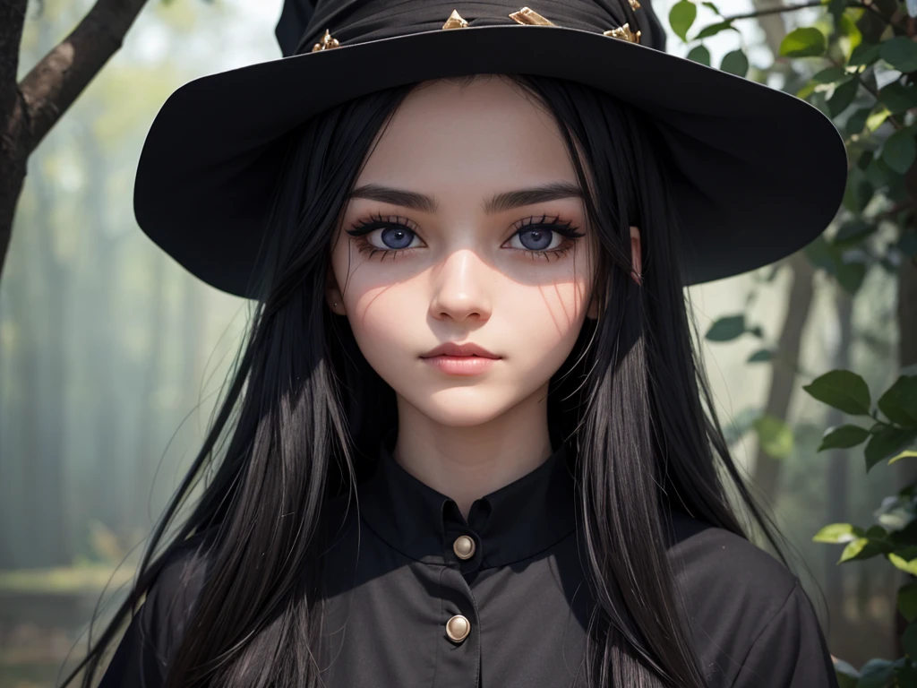 Beautiful witch, 20 years old, black long hair, black eye, face closeup