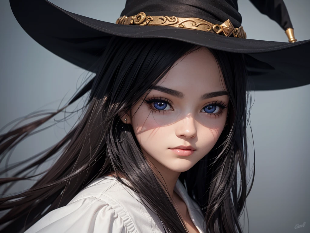 Beautiful witch, 20 years old, black long hair, black eye, face closeup