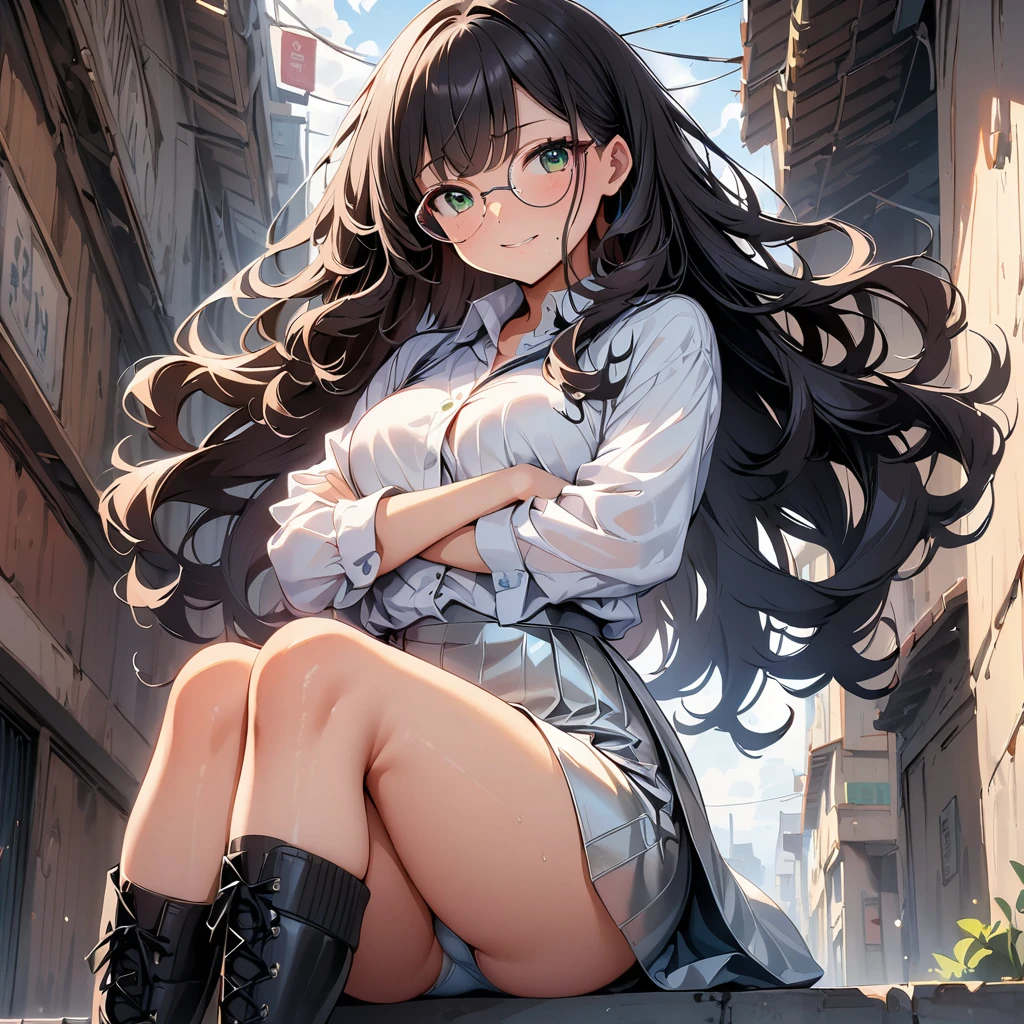 (highest quality, 4k, masterpiece :1.3), Beautiful woman, 1 girl, medium length hair, curly hair, black hair, green eyes, bright eyes, round glasses, freckles across nose, silver dress pants, dress shirt, tucked in shirt, knee high boots, crossed arms,