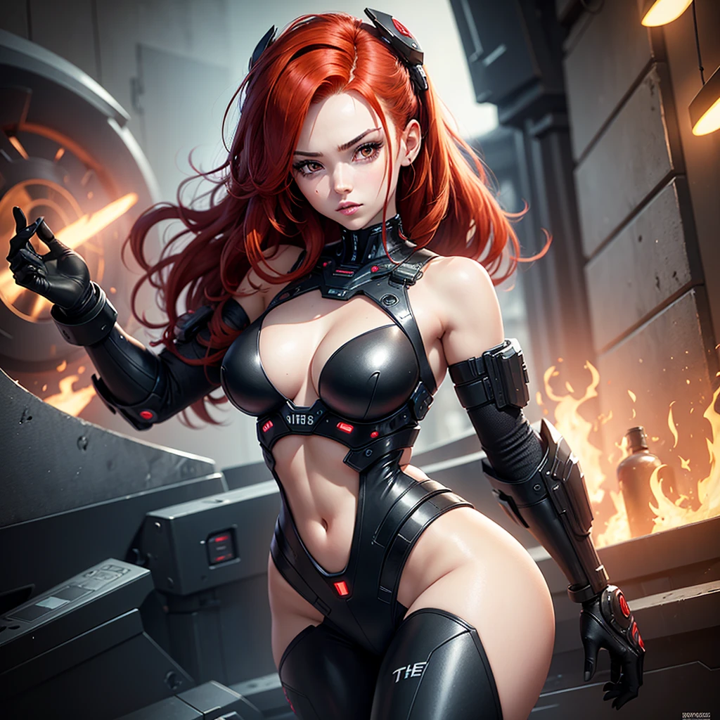 The picture shows a beautiful cyborg girl with red hair. Her image combines elements of technology and human beauty. She looks a little sad, but at the same time sexy. She has big hips and medium sized breasts. The girl is dressed in a black suit with a deep neckline, the costume has a lot of small red details. She's standing straight, and her gaze is directed downwards. Camera angle from bottom to top, which emphasizes her silhouette and facial expression. Image background - outer space with red flares. The main colors of the picture are black and red., which creates a dramatic and atmospheric scene.