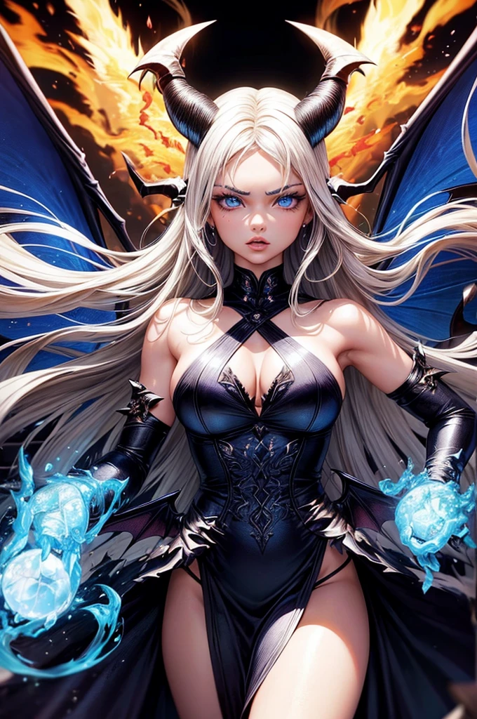 16 year old Adriana Lima, ultra detailed face, ultra detailed blue eyes, long blonde hair, fire, hell, (dress), (((masterpiece, demon, wings, horns)))